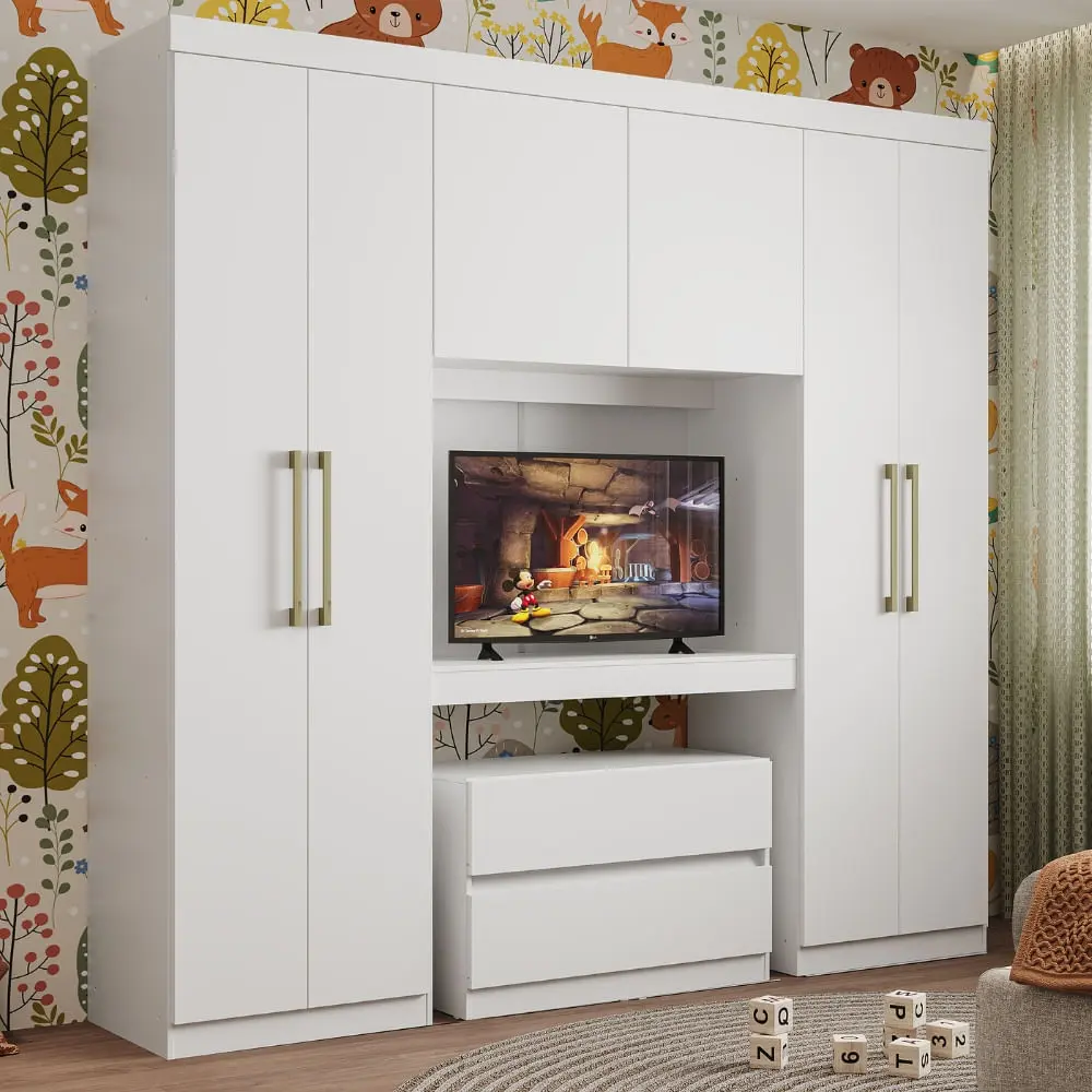 Guarda Roupa Infantil 6 Portas 2 Gavetas Porto Branco com Painel de TV Carraro
