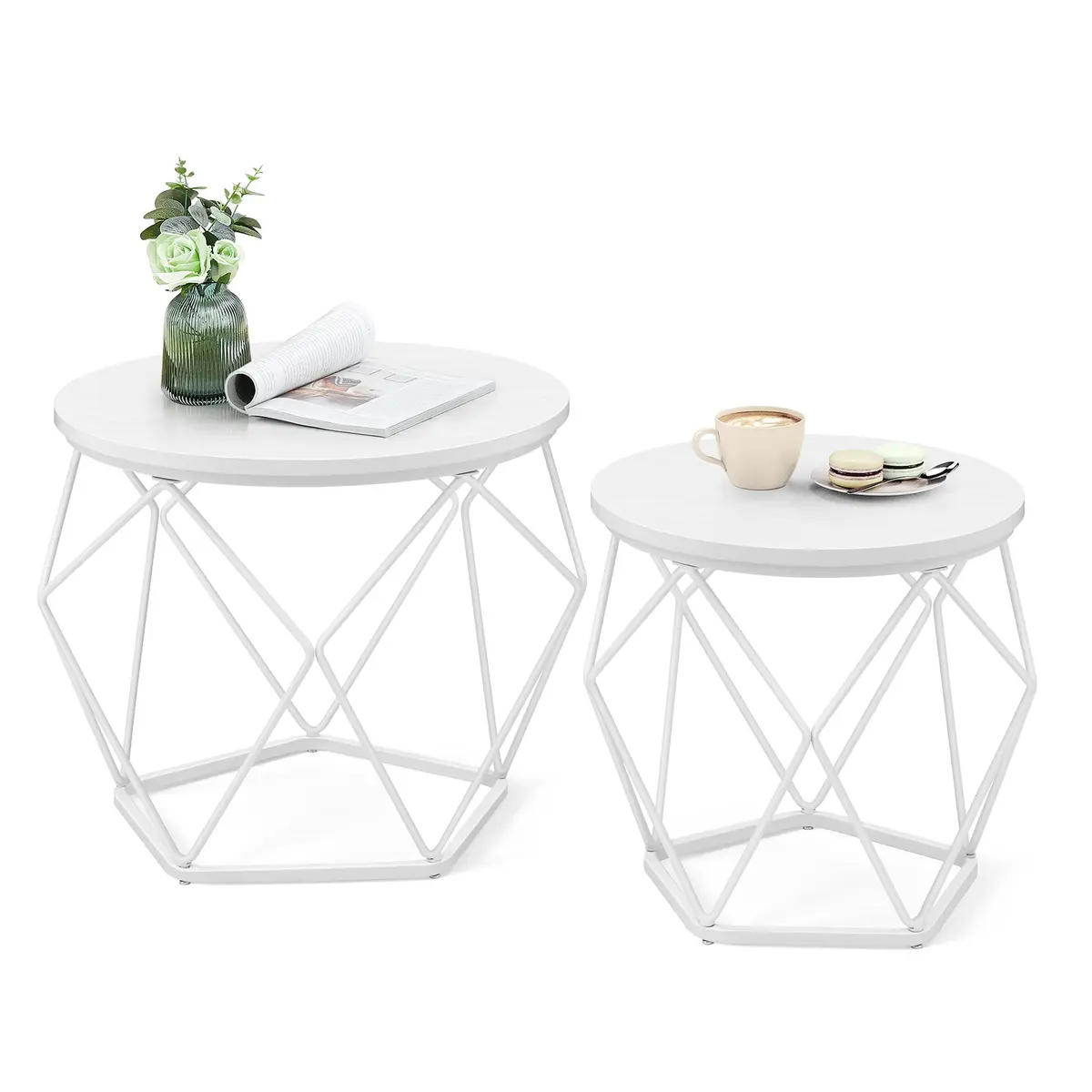 VASAGLE Mesa de Centro Redonda, Kit com 2 Mesas, Tampa Removível | Mesa Lateral, Estilo Vintage, para Sala de Estar, Branco Neve e Branco Nuvem, Coleção ISLAND BRLET040WE01