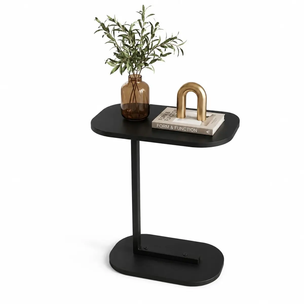 Mesa Elo Lateral Encaixe Sofá e Cama MDF e Aço Design Moderno Resistente Mesa de Apoio - LH Móveis (Preto/Pé Preto)