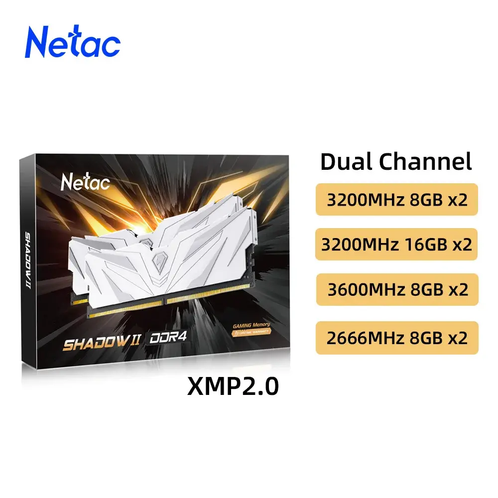 Memória Ram Netac DDR4 8GBX2 16GBX2 DDR4 3200mhz 3600mhz 2666mhz Memória Dissipador de calor XMP2.0 288Pin Dual Channel com dissipador de calor para PC - 1