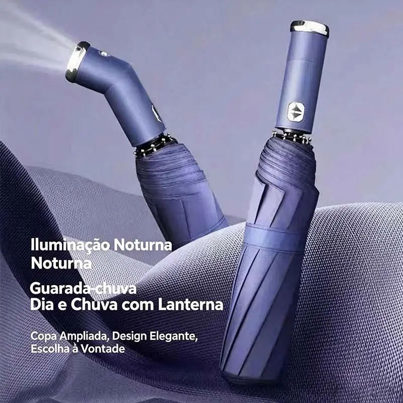 Guarda-Chuva Automático Anti-Vento com Lanterna Proteção UV Blackout Compacto para Bolsa e Mochila