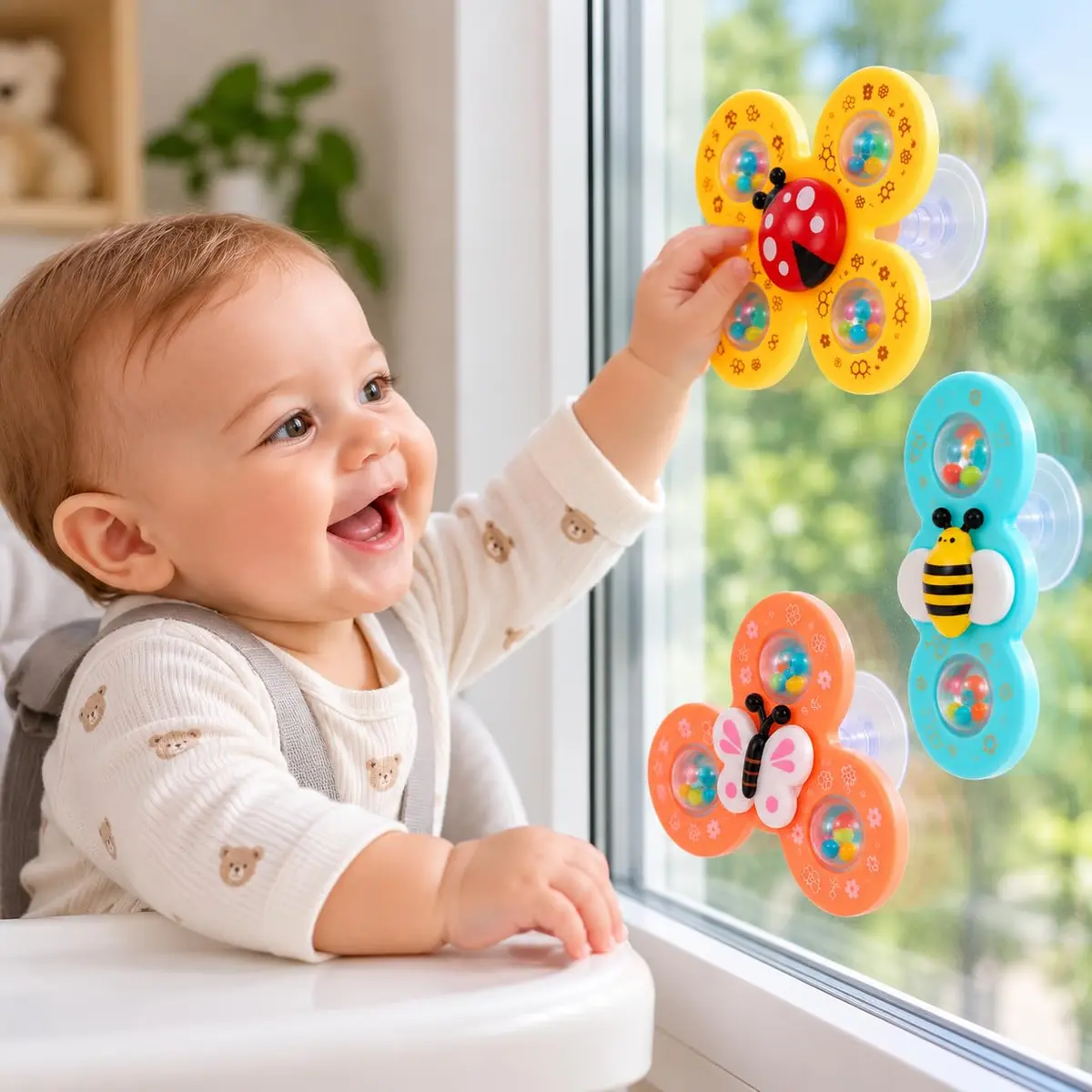 Kit com 3 Brinquedos Sensoriais para Bebê com Ventosa, Spinner Giratório Educativo, Coordenação Motora e Estímulo Sensorial, Ideal para Banho, Cadeirão e Mesa, +3 Meses