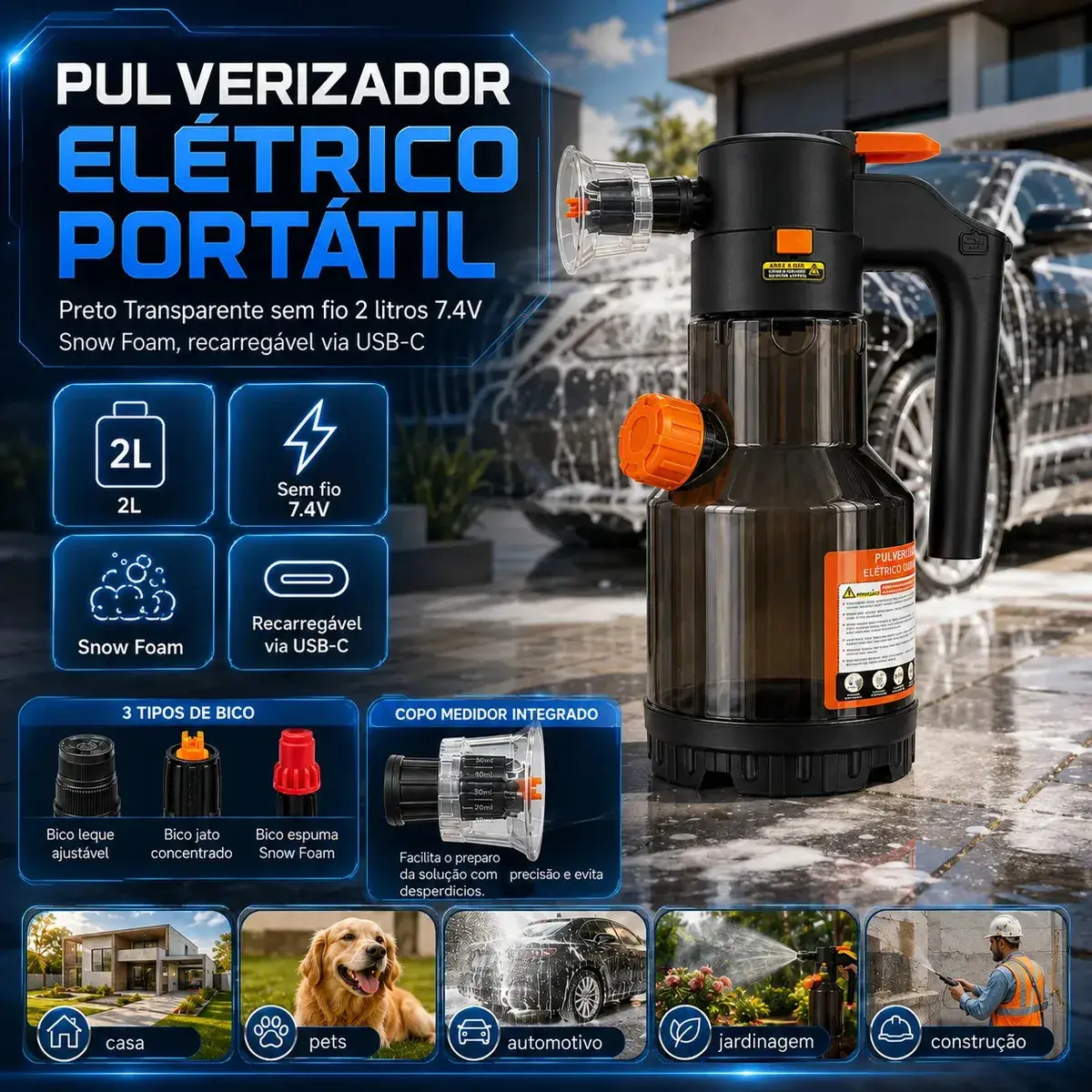 Pulverizador Elétrico Snow Foam para Carro, Moto e Jardim – 2 L - 1