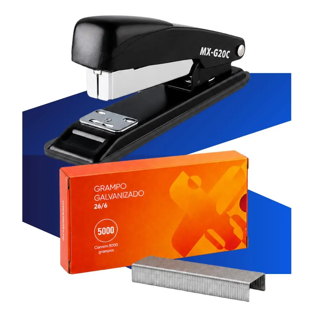 Kit Grampeador De Mesa Metal Profissional Resistente Com 5000 Grampos 26/6 | Aço Galvanizado Prata Escritório Escola Grampear Papel