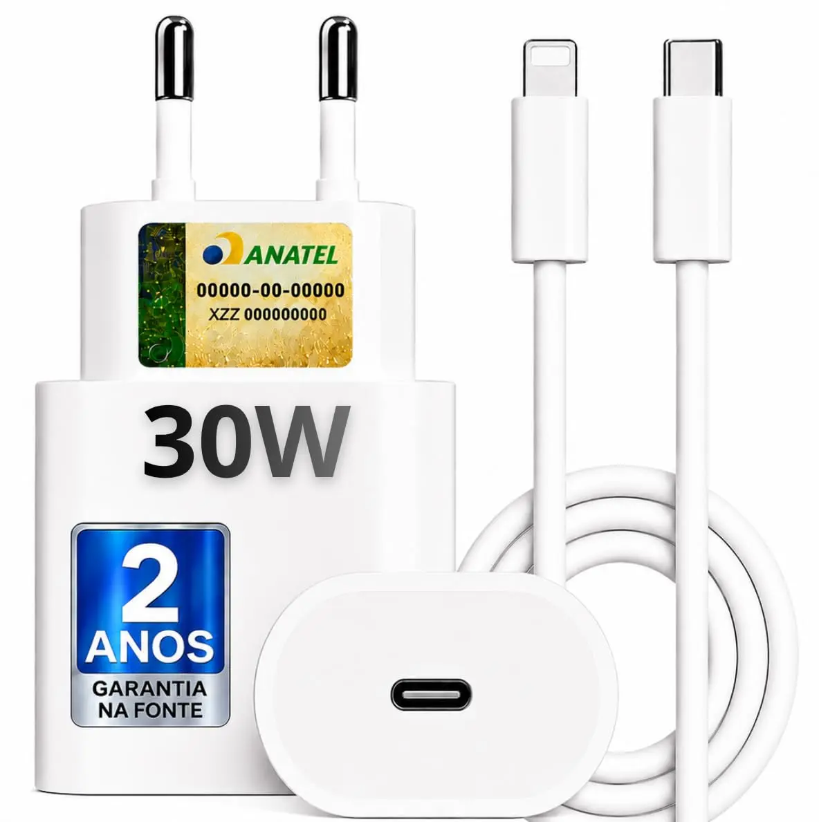 Carregador Turbo 30W Compatível com iPhone 8 X Xr 11 12 13 14, Bivolt 110/220, Qualidade PREMIUM - HOMOLOGADO ANATEL