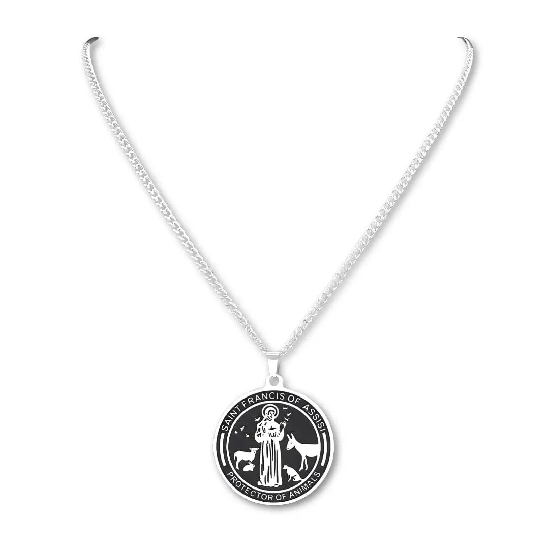 Colar "São Francisco de Assis" Masculino e Feminino em Aço Inoxidável – Protetor dos Animais, Fé e Devoção – Acompanha Bolsa de Veludo Santo Stilo