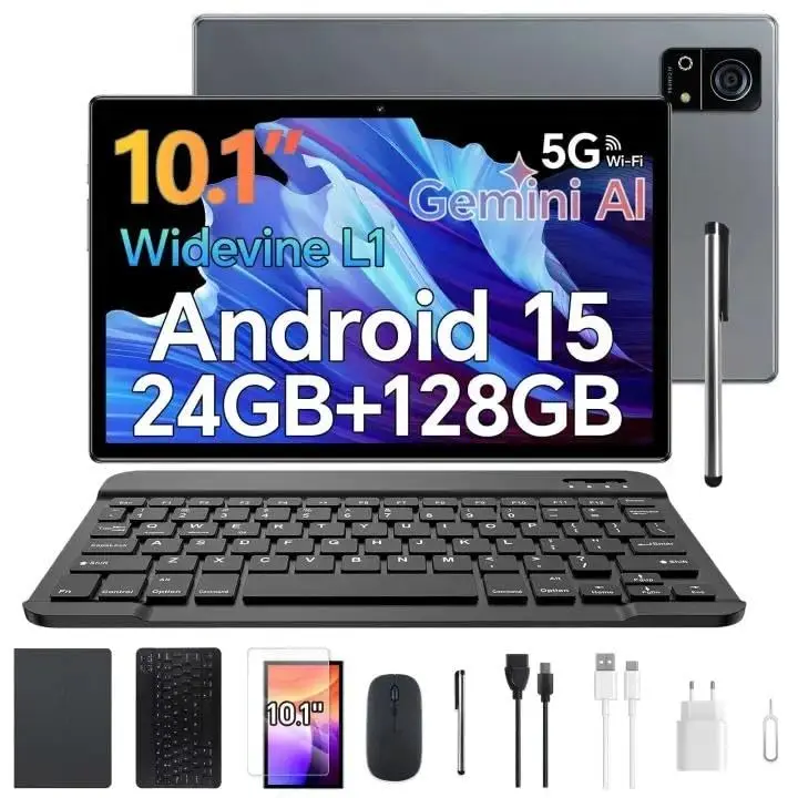 Tablet S7P Android 15 10.1 Polegadas IPS Full HD 24GB RAM(12GB+12GB Expansão) 128GB ROM Processador A523, Câmera 13MP+5MP Bateria 8000mAh, Kit Completo Teclado Mouse Capa Película para Estudo Trabalho