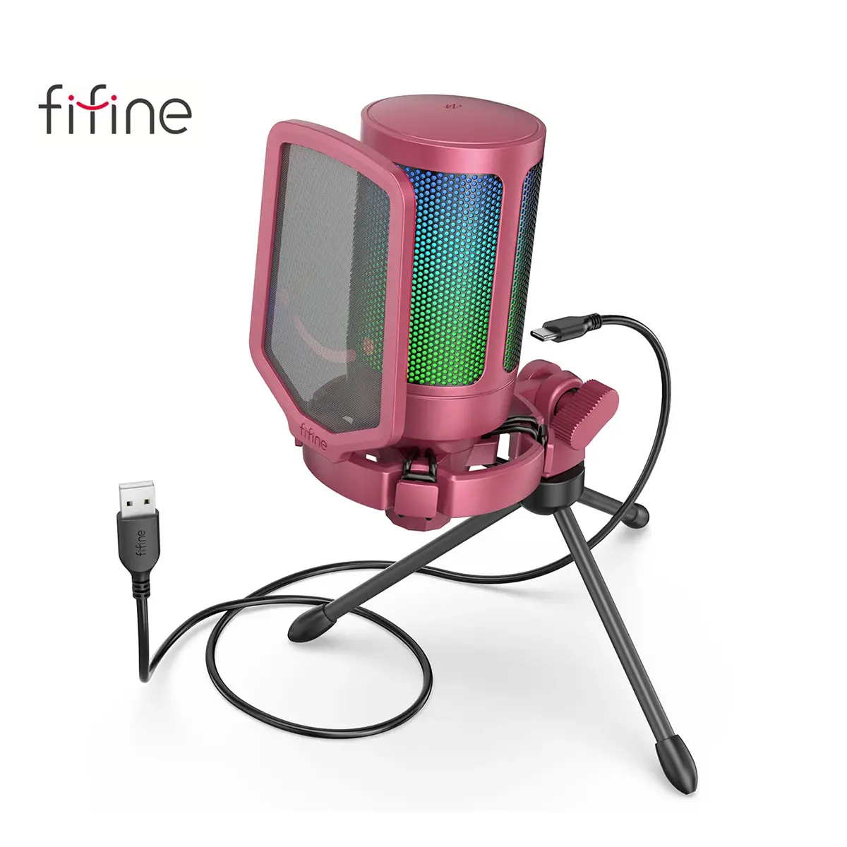 Microfone para jogos USB FIFINE A6V RGB para PC, microfone condensador de streaming com filtro pop, montagem antichoque, controle de ganho, plug & play