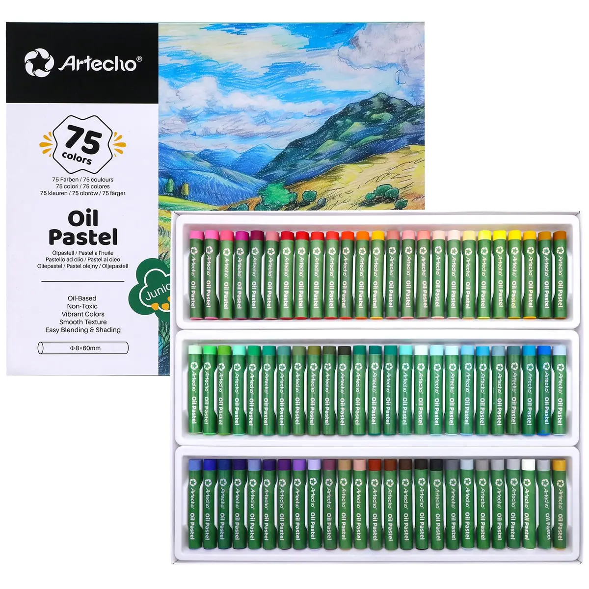 Artecho Conjunto de 75 peças de pastéis a óleo (8 x 60 mm) | Pastéis a óleo macios, para pintura de arte, desenho, mistura, para artistas, iniciantes, estudantes, professores