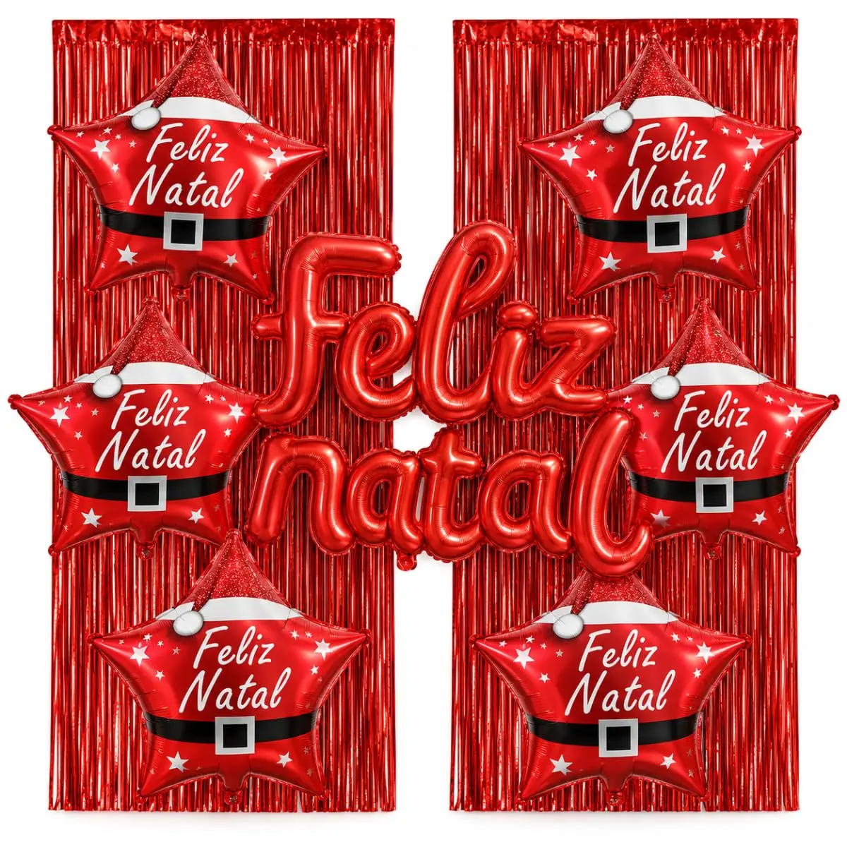 Kit Decoração Natal 9 Peças Balões Estrela Letreiro Cortinas | Kit com 6 estrelas, 1 letreiro Feliz Natal e 2 cortinas vermelhas