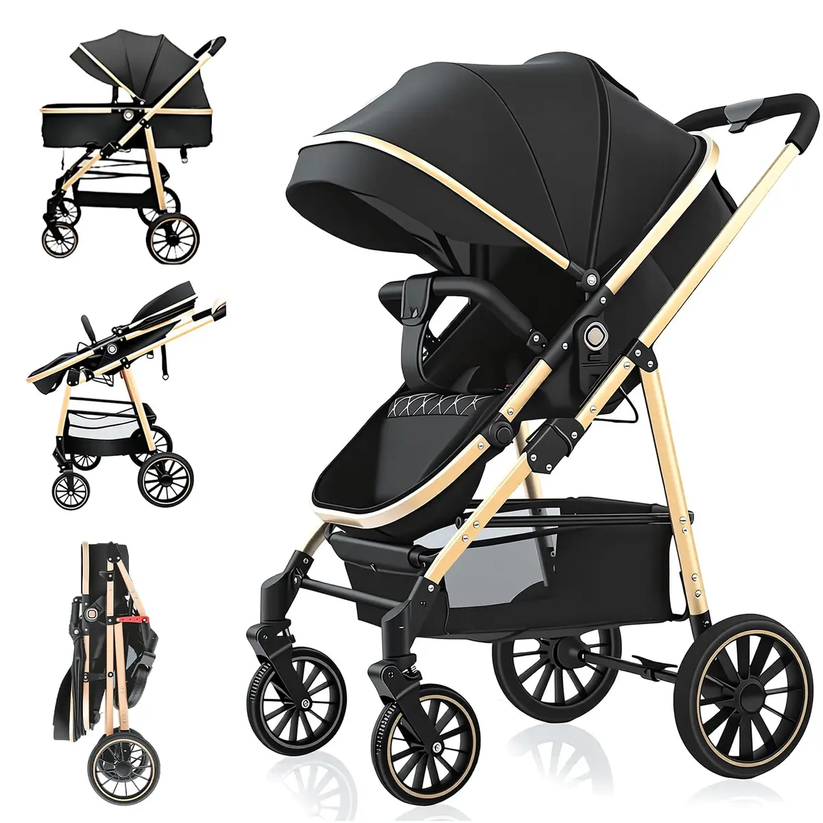 Carrinho de Bebê 2 em 1, Carrinho Bebê Portátil dobrável, Cadeira ajustável, Cesta de dormir removível, Peso máximo suportado 15kg (Preto)