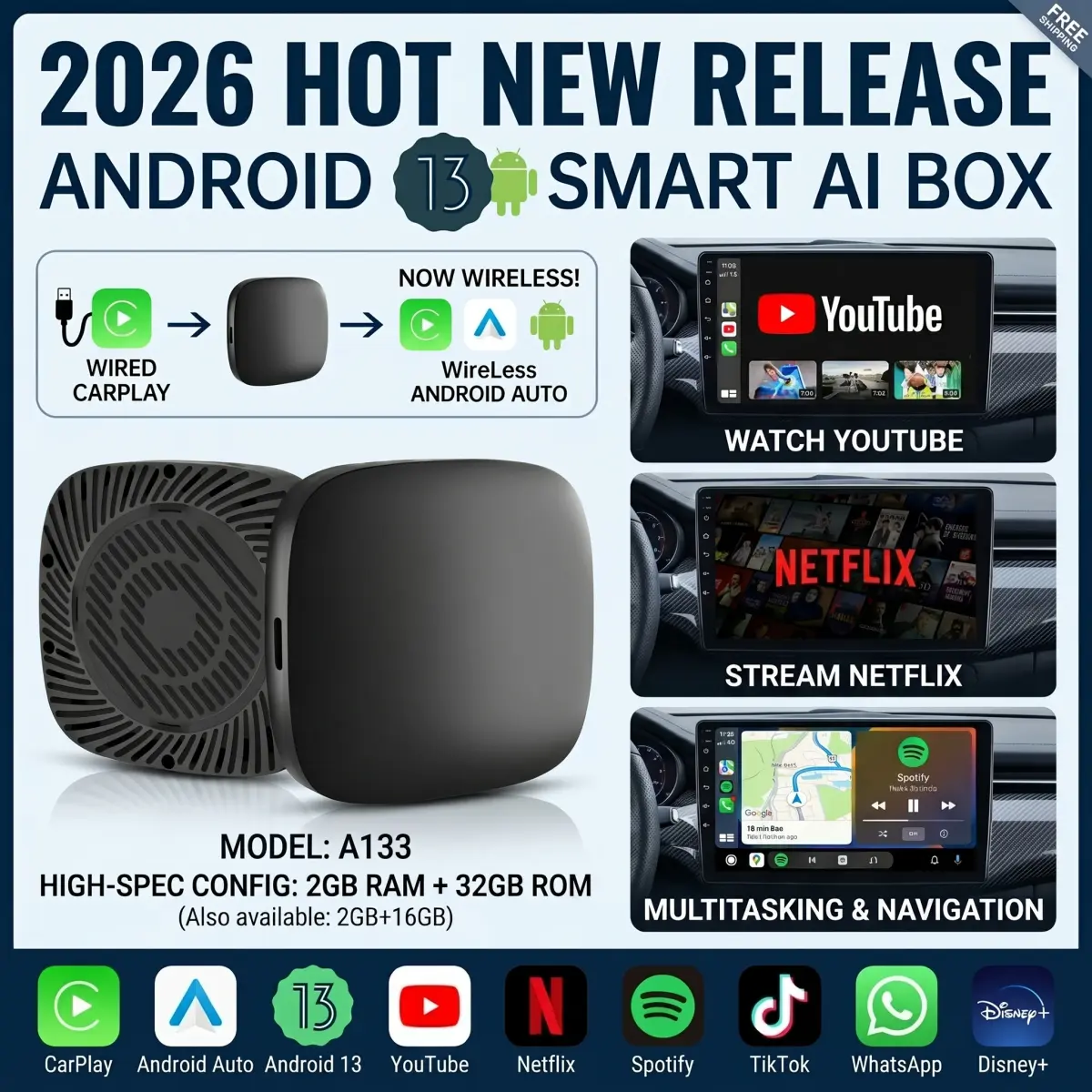 2026 Kowankit Android13 CarPlay Ai Box Adaptador USB Sem Fio 3 em 1 Plug & Play Universal TV Box Para Netflix Youtube