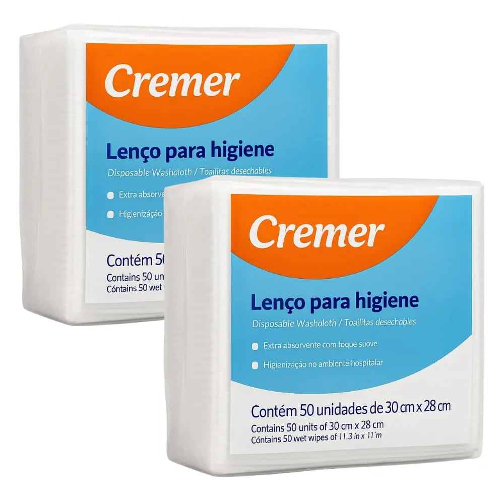 Lenço para Higiene Corporal Cremer Toalha Descartável Adulto e Infantil 30x28cm Uso Hospitalar Banho no Leito Toque Macio Hipoalergênico (2 Pct - 100 Lenços)