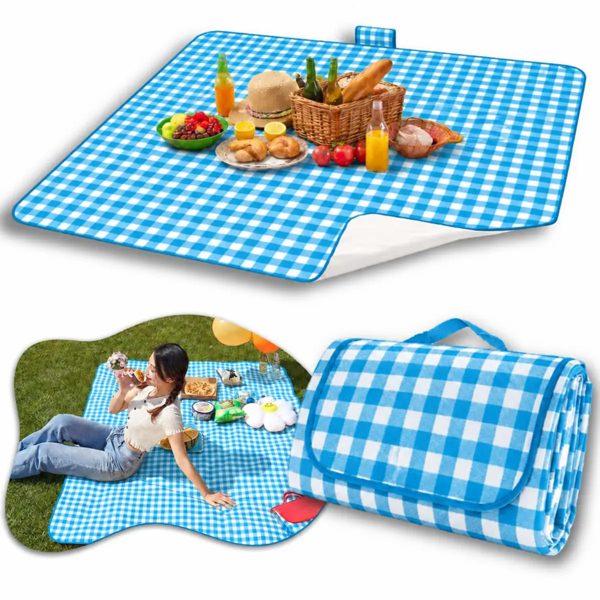 Tapete Piquenique Impermeável Dobrável, Grande 200x200cm, com Alça, Toalha para Picnic, Parque, Praias, Passeios ao Ar Livre, a Prova de Água, Fácil de Carregar (Azul) - 1