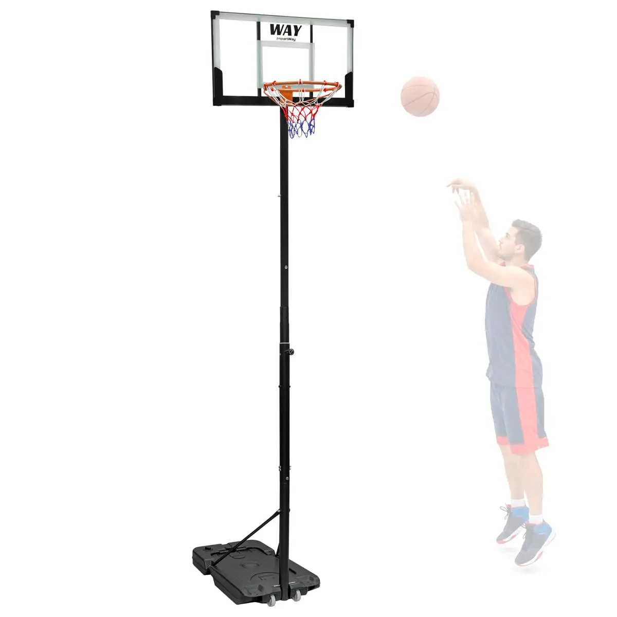 BVX Cesta de Basquete Profissional, Altura Ajustável até 3,05 m, Tabela 97x57 cm, Aro 45 cm, Aço Reforçado, Preto e Transparente