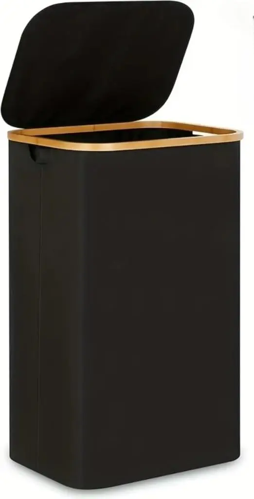 Cesto de Roupa Suja 120 LITROS Lavanderia Bambu Com Tampa Retangular Dobrável (Preto)