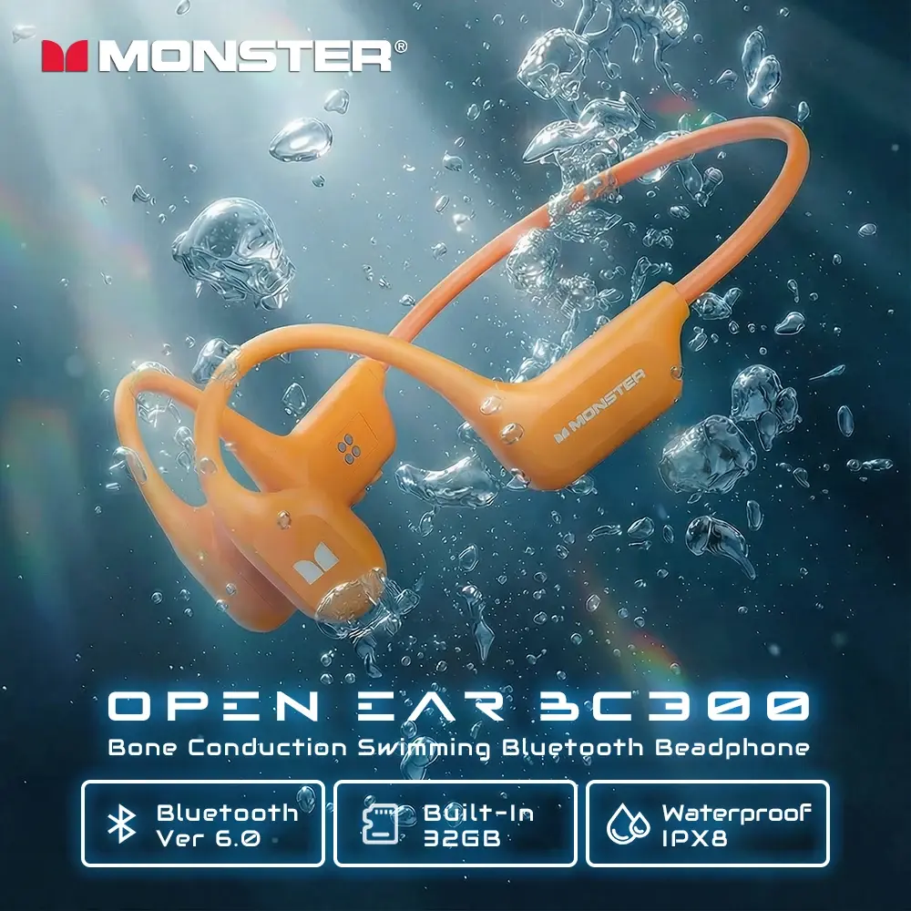 Fone de Ouvido Bluetooth 6.0 Monster BC300 com Condução Óssea, IPX8 à Prova d'Água, Sem Fio, para Natação, com 32GB Integrados e Gancho Esportivo