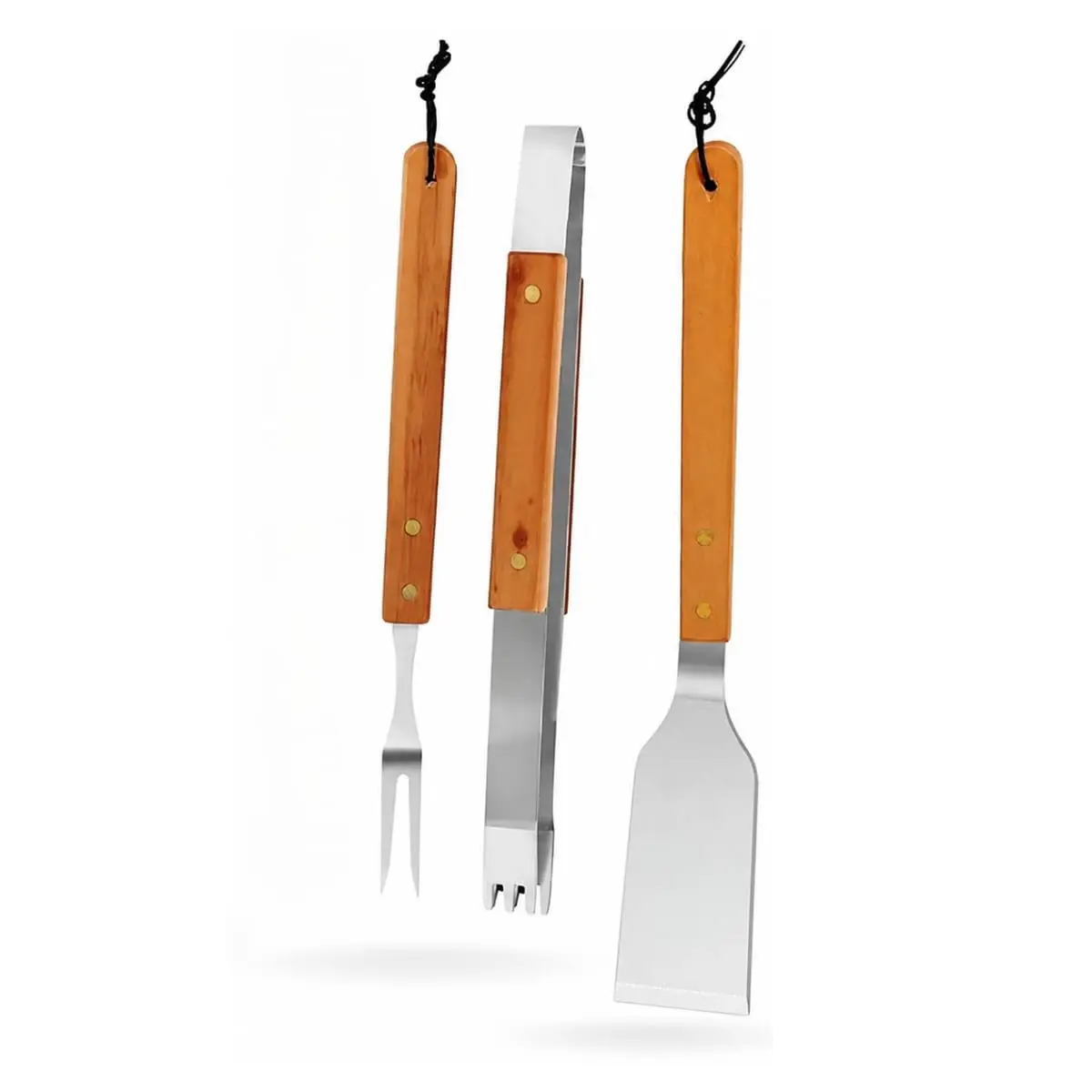 Kit Churrasco Conjunto Profissional com 3 Peças Espátula Garfo e Pegador com Cabo de Madeira Aço Inoxidável Premium