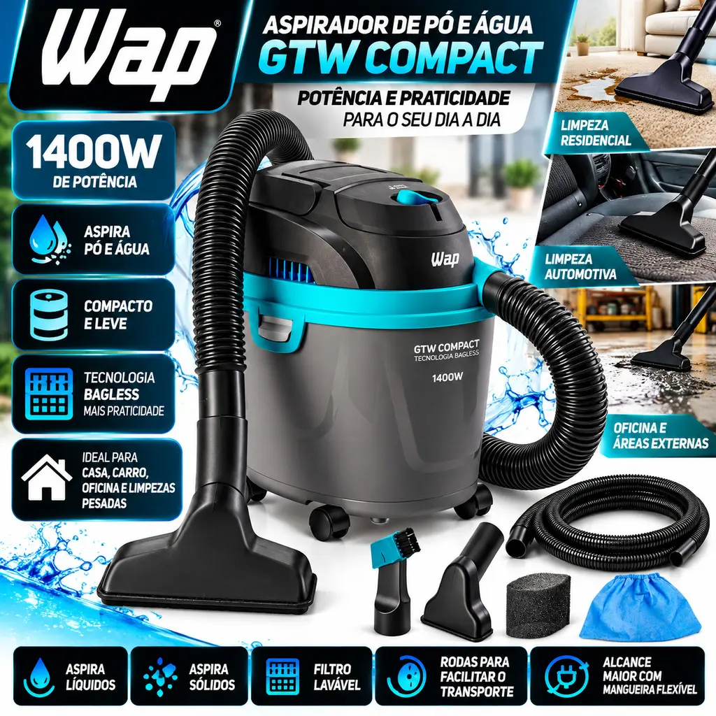 Aspirador Pó e Água Potente 1400w Soprador Pequeno Portatil Barril 5,5 Litros Wap