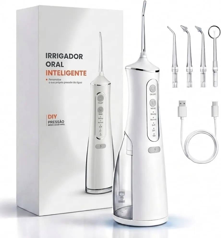 Irrigador Oral Portátil Recarregável 300 ml com 4 Níveis e 4 Ponteiras | À prova d’água, com 4 níveis de pressão para limpeza entre dentes, aparelhos ortodônticos, implantes e gengivas.