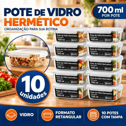 Kit 10 Potes De Vidro Hermetíco 700ml Marmita Forno Refratário Gostei! Transparente