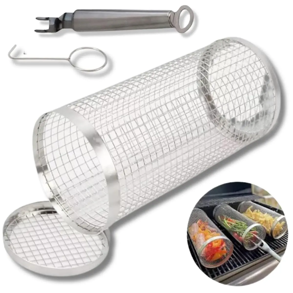 Grelha Cilíndrica Giratória para Churrasco em Inox, 20,5 cm, Cesto para Legumes e Carnes