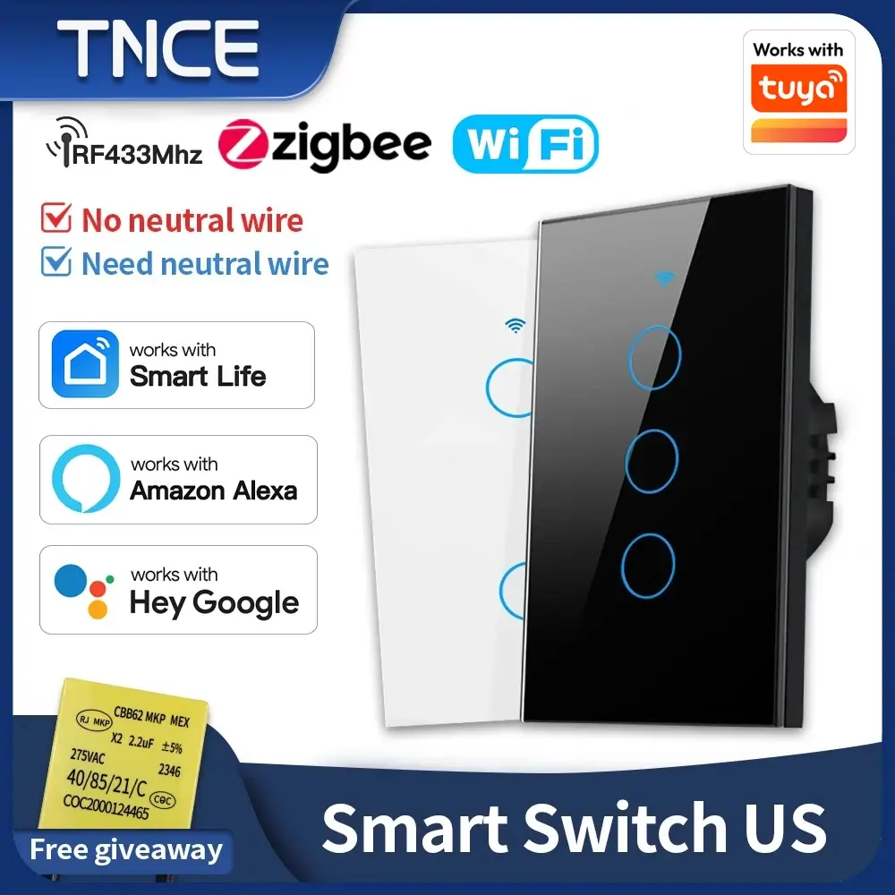 Interruptor inteligente TNCE Tuya US WiFi Zigbee, 1/2/3/4 Gang, sem neutro/com fio, botão de parede para controle de luz LED, controle por voz com Alexa e Google Home