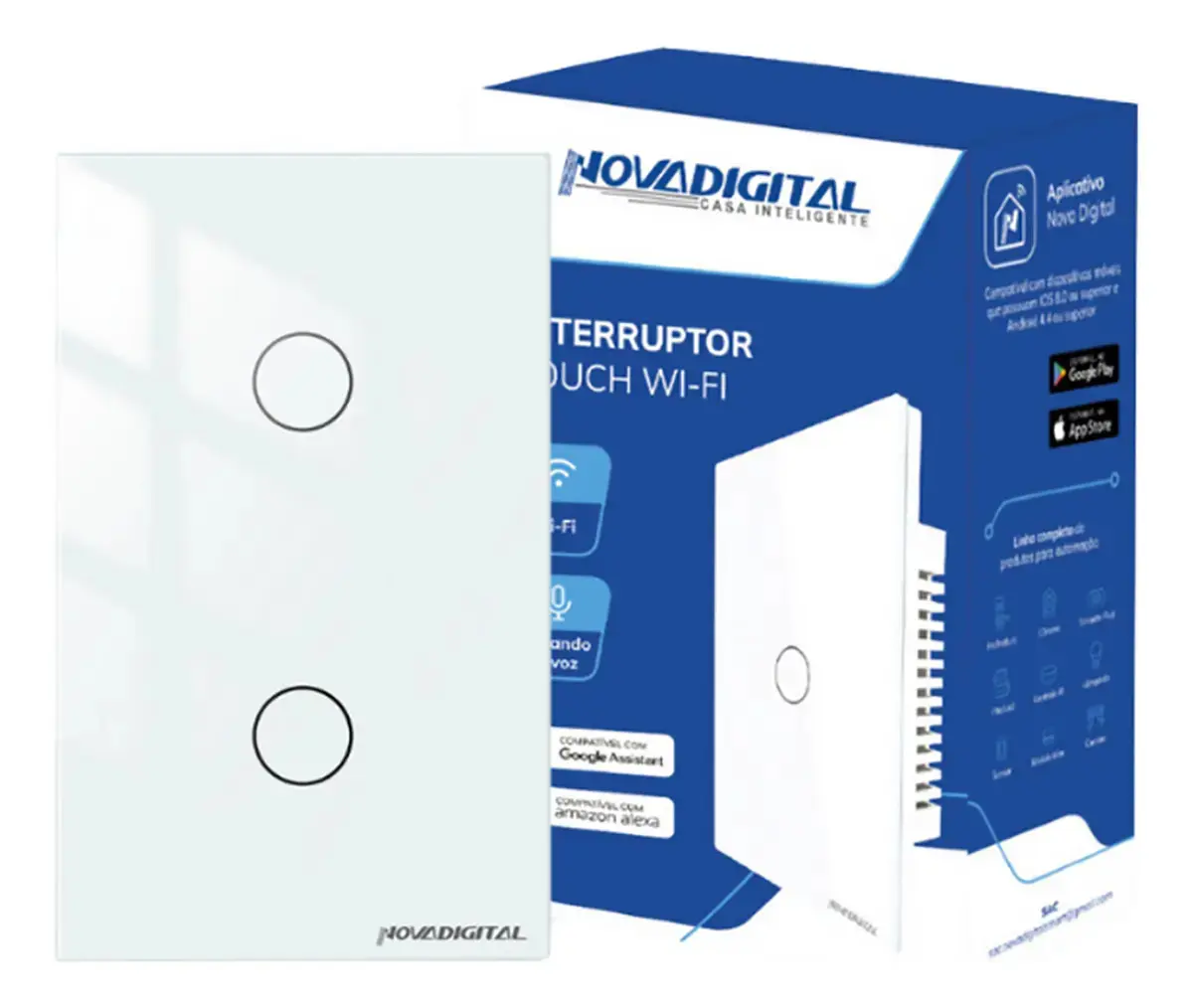Interruptor Inteligente Wifi Novadigital 2 Teclas Botões Touch Tuya Smart Life Alexa Google 110V 220V Bivolt Branco LITE-WS2-W