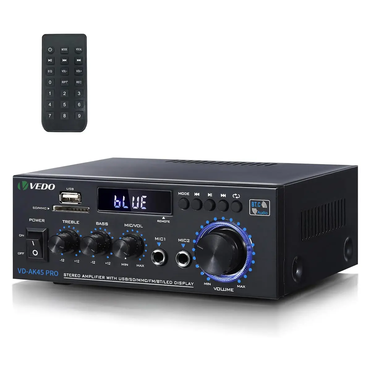 Amplificador de áudio estéreo profissional AK45 Pro, sistema de amplificação de potência sem fios Bluetooth 5.0 de dois canais de 300 W, adequado para uso doméstico, rádio FM, USB e controlo remoto