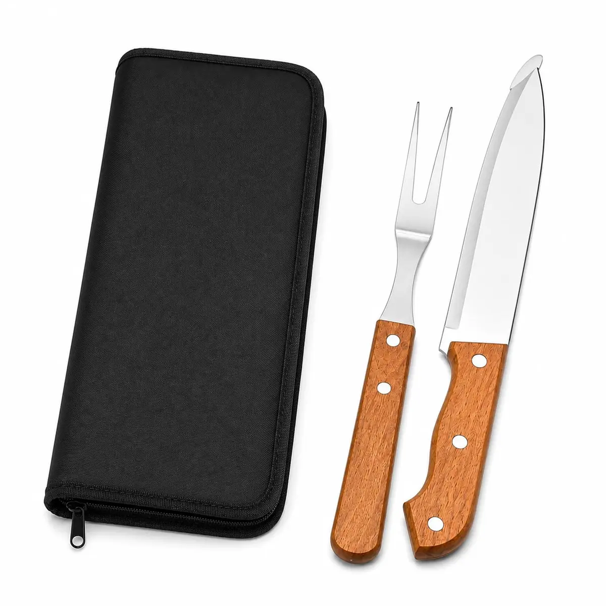 Kit Churrasco 3 Peças Premium com Estojo | Faca 35,5cm + Garfo Trinchante | Aço Inox e Cabo de Madeira | Conjunto para Churrasqueiro Profissional