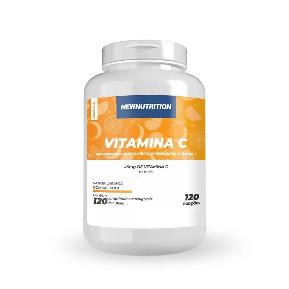 Vitamina C em Comprimidos Mastigáveis NewNutrition, 120 Comprimidos | Sabor Laranja com Acerola