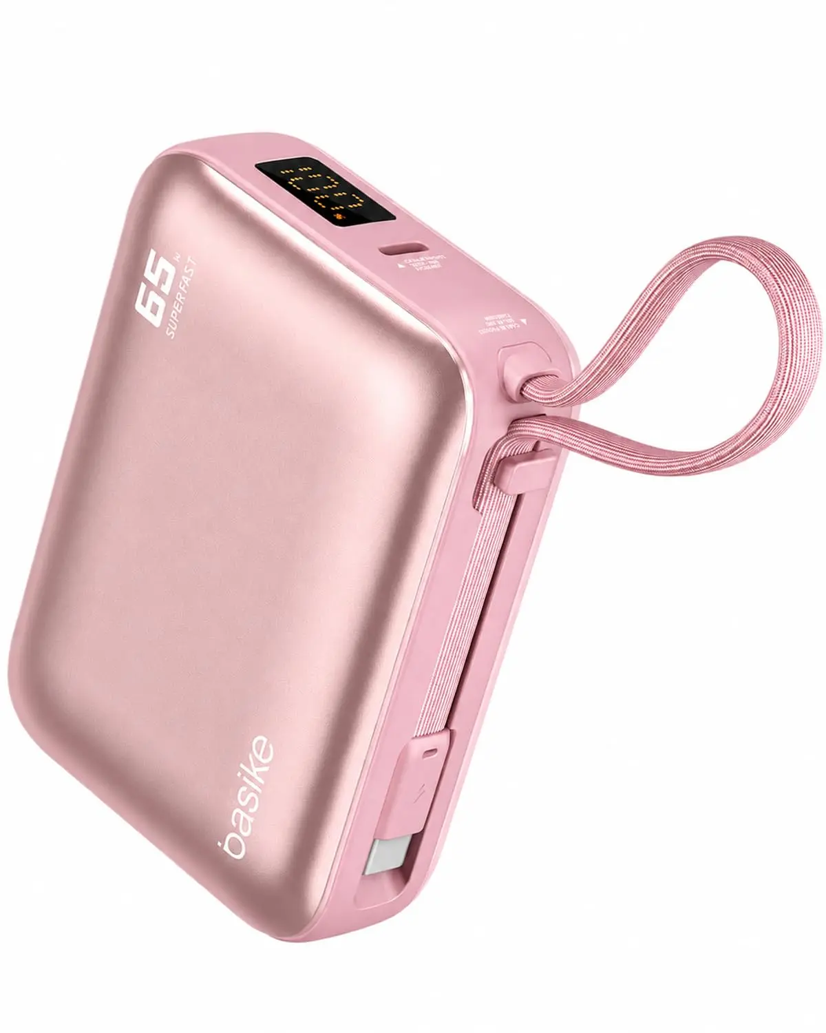 Basike Power Bank 65W, Carregador Portátil Universal 20000mAh (Rosa) | USB-C + Cabo Type-C Integrado e Removível, Carregamento Rápido PD/PPS para Samsung Séries S26-S21 e iPhone Séries 17-14