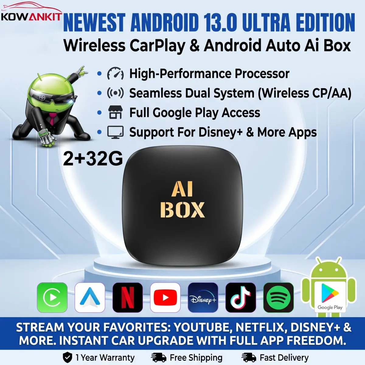 2026 Kowankit CarPlay Ai Box Android13 Android Auto Sem Fio Adaptador USB 3 em 1 Plug & Play Para Youtube Netflix Caixa de TV Universal - 1