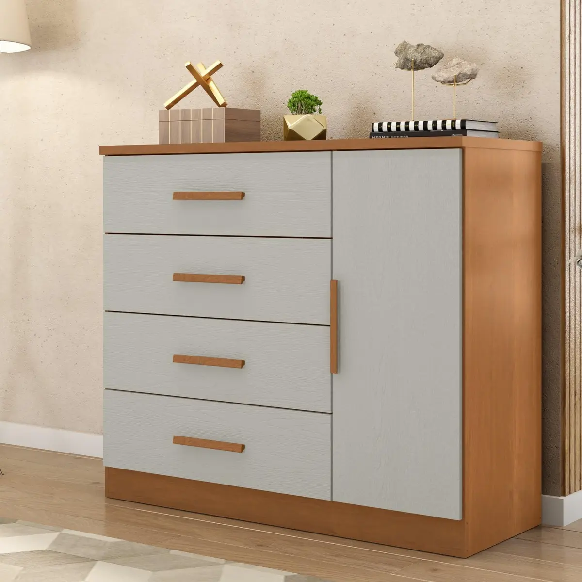 Cômoda Sapateira 1 Porta 4 Gavetas Genova Plus Cinamomo/Areia