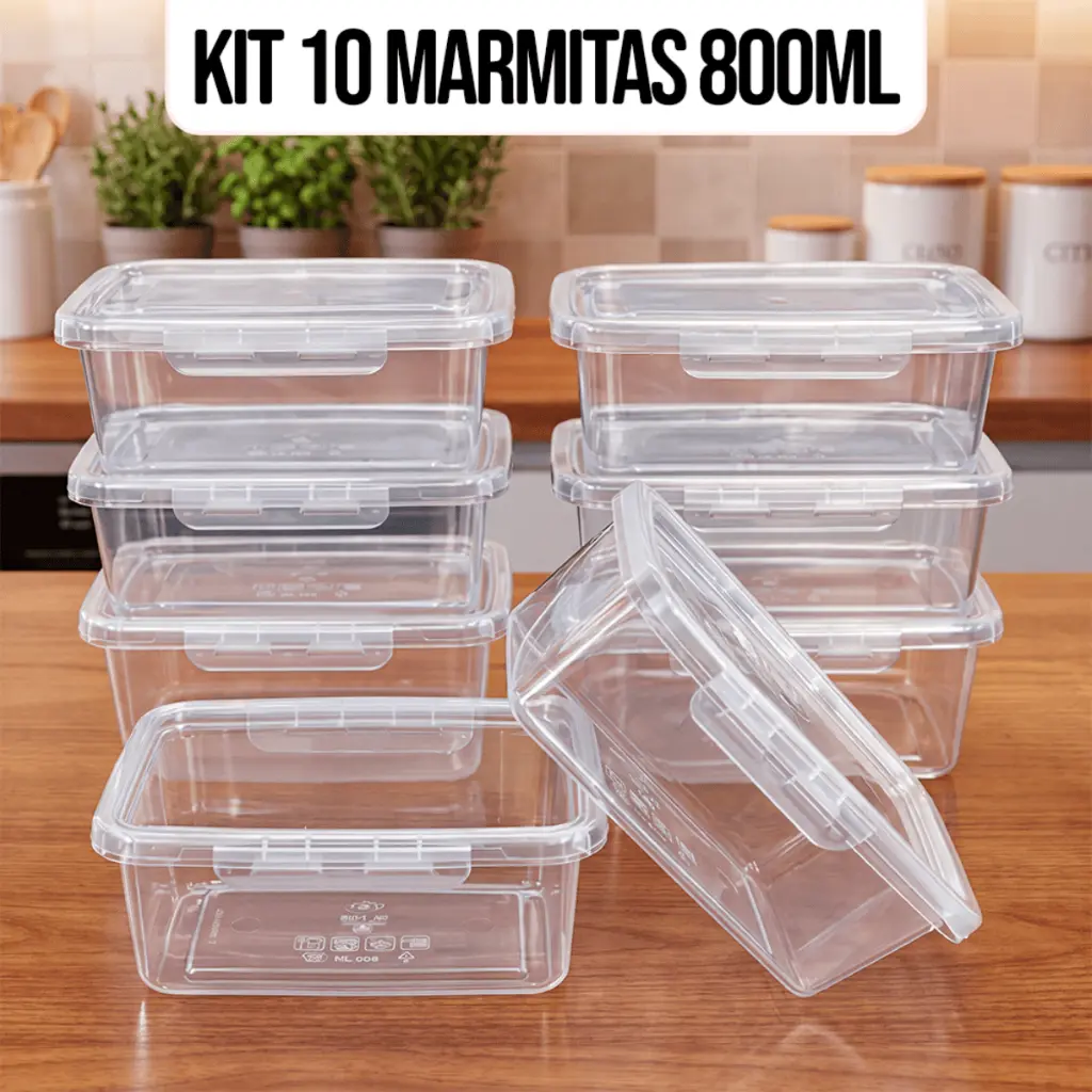 Kit 10 Marmitas Potes 800ml Travas Laterais hermeticas - Livres de BPA Alimentos organiza congelador - KAZIVA - 1