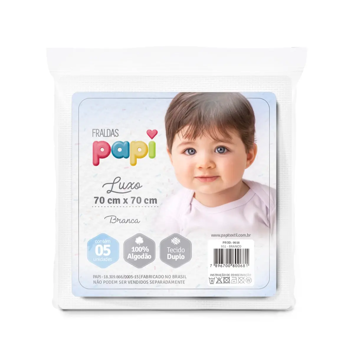 Papi Textil Fralda Papi Luxo Branca 70Cm X 70Cm Contem 05 Un