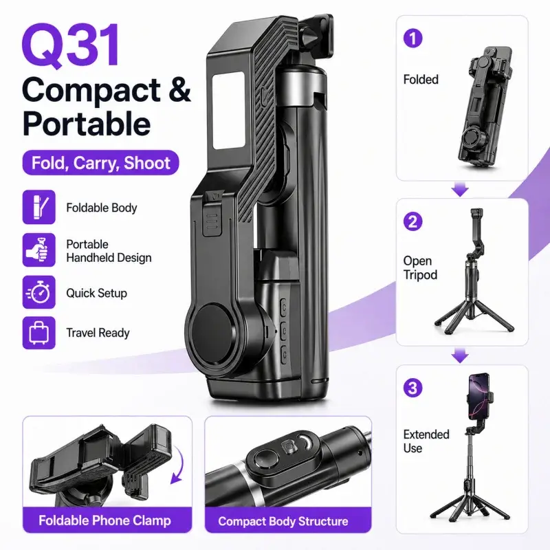 Estabilizador de Telefone Anti-Vibração Q31, Bastão de Selfie, Tripé Gimbal de Eixo Único para Transmissão ao Vivo, Vlog e Vídeos de Viagem