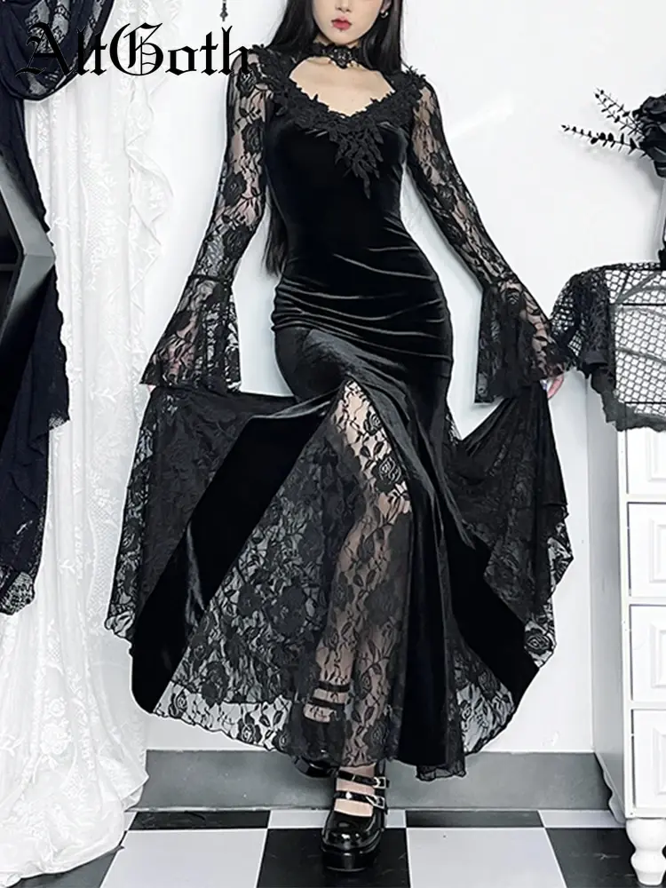 Altgoth estética gótico midi vestido feminino vintage elagnt rendas retalhos ver através de manga alargamento cintura alta clubwear vestido femme - 1