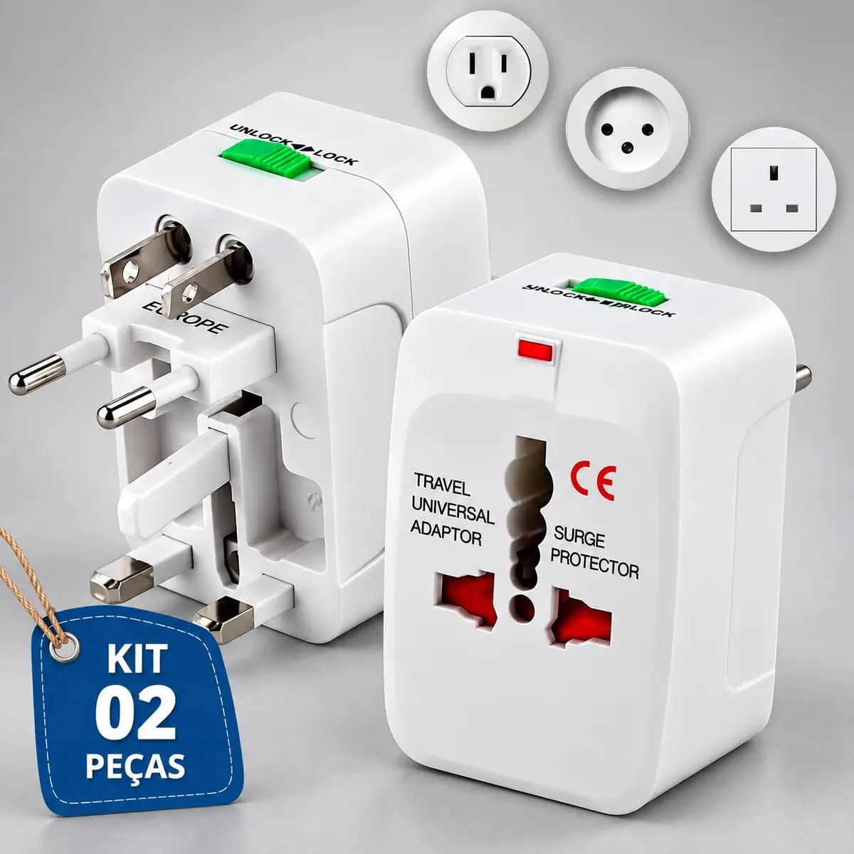 Kit 2 Adaptadores de Tomada Universal Viagem Bivolt 110–250V Proteção Internacional Premium Velosy