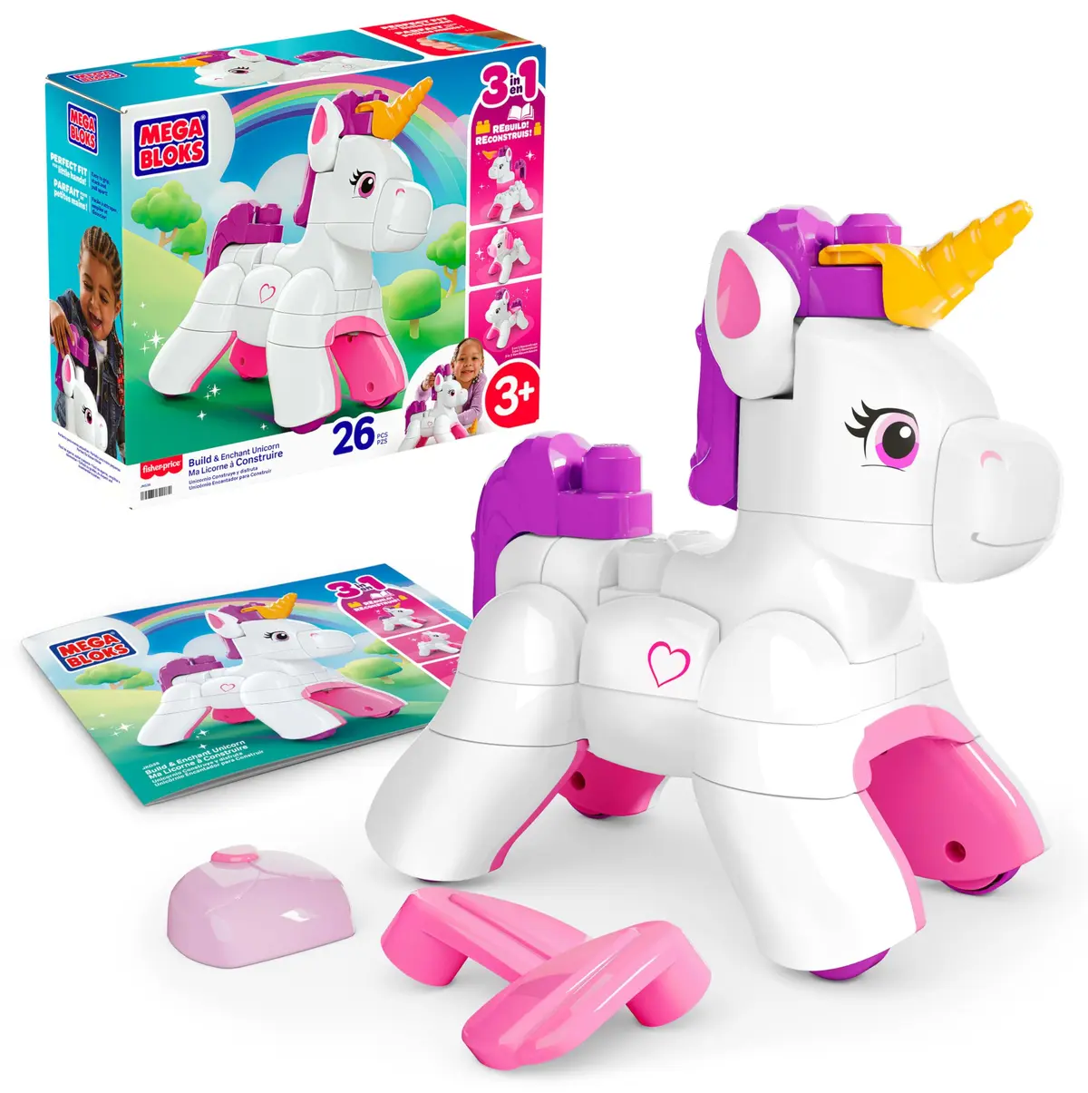 Brinquedo de Montar Mega Blocks Unicórnio Peças Grandes Ajuda no Desenvolvimento Motor para Crianças Acima de 3 Anos