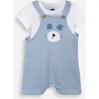 jardineira infantil listrada bordado urso com camiseta azul