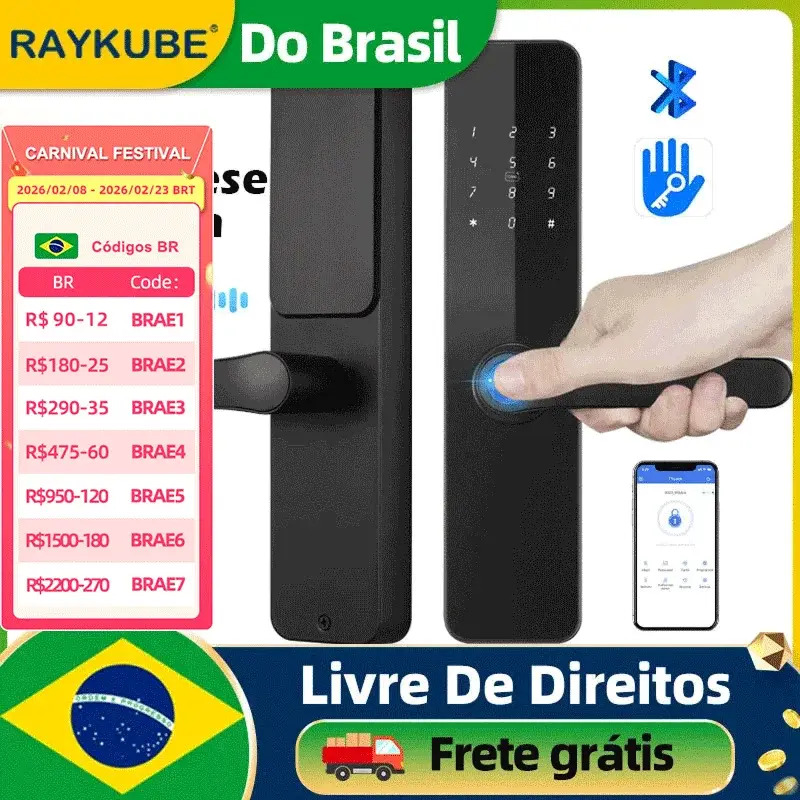 Do brasil raykube f7 tt lock bluetooth impressão digital fechadura da porta elétrica versão portuguesa/inglês com chave/cartão/desbloqueio de senha