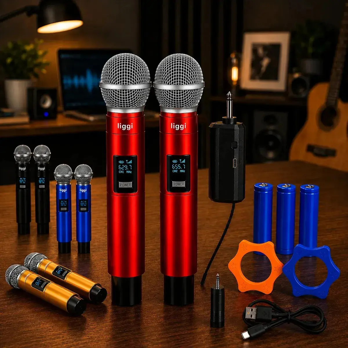 Kit Com 2 Microfones Sem Fio LIGGI Recarregáveis UHF Para Karaokê e Palestras - 1