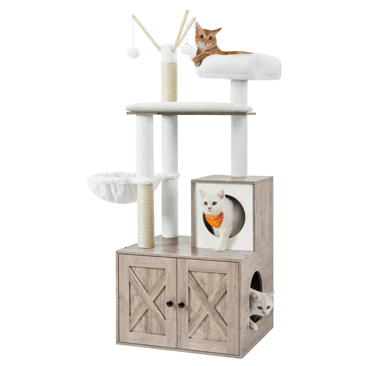Feandrea WoodyWonders Árvore para Gatos com Gabinete para Caixa de Areia, Arranhador Moderno 2 em 1, Torre para Gatos com Condo, Pompons Removíveis, Almofadas Laváveis, Greige BRPCT113G01V1