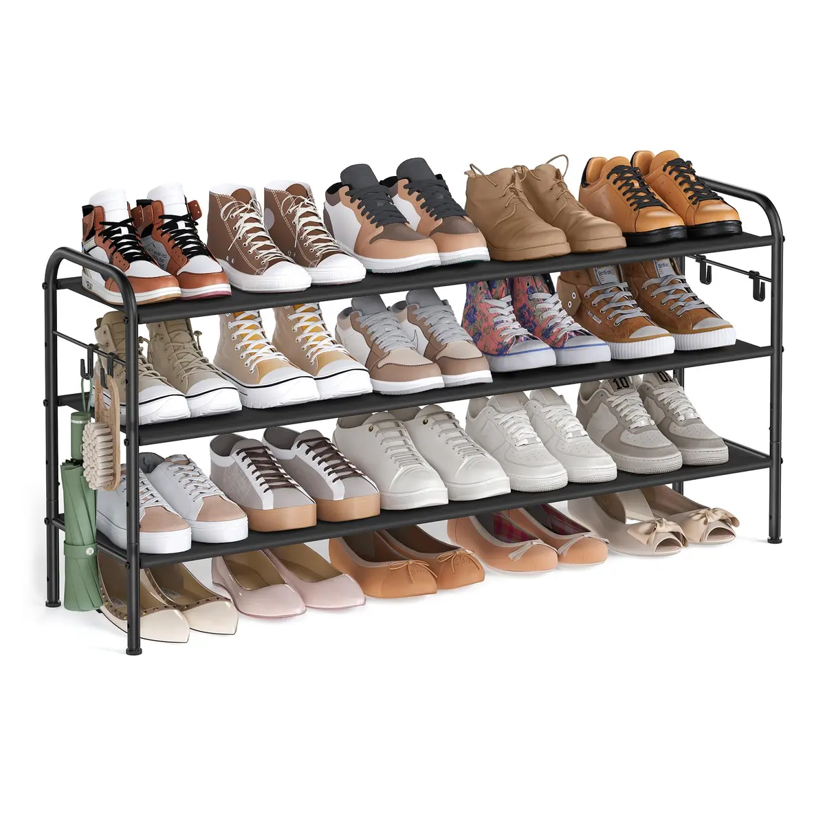 SONGMICS Sapateira de 3 Níveis, Capacidade para até 18 Pares | Prateleira de Tecido com 4 Ganchos, Altura Ajustável, Montagem Fácil, Preto Fosco, Coleção BARNARD BRLMR031B01