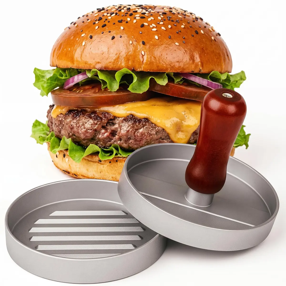 Modelador de Hambúrguer Alumínio Antiaderente com Alça de Madeira | Modelador de hambúrguer em alumínio, cabo de madeira. Produz bifes uniformes, fácil‑de‑limpar, ideal para churrasco e cozinha
