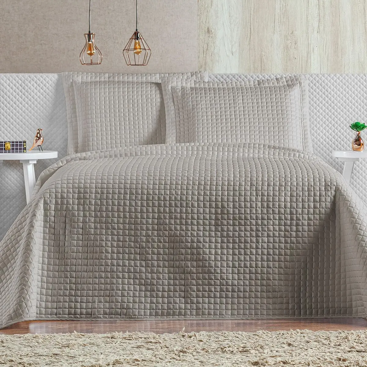 Cobre Leito Colcha Casal Queen 03 Peças 200 Fios Matelado Elegante Plata (Bege)