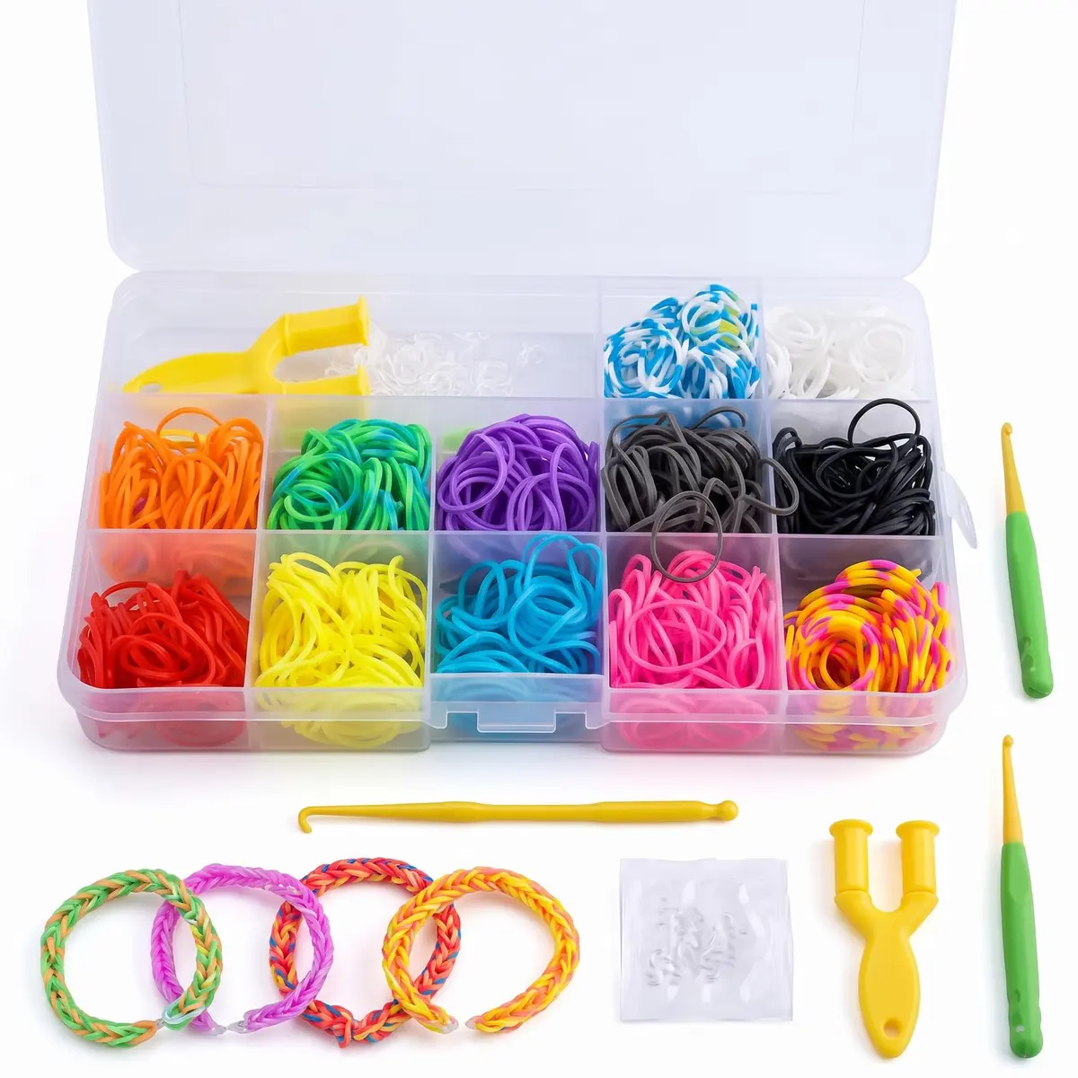 Kit 1560 Elásticos para Fazer Pulseiras Loom Bands com Maleta Organizadora, Tear Y, Agulha e Fechos S – Artesanato Infantil