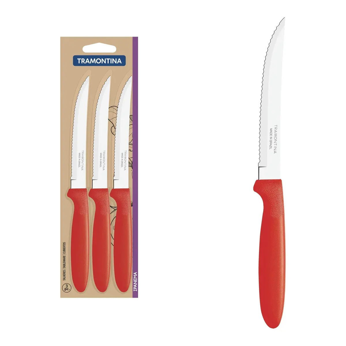 Conjunto De Facas Para Churrasco Tramontina Ipanema Com Lâminas Em Aço Inox E Cabos De Polipropileno Vermelho 3 Peças