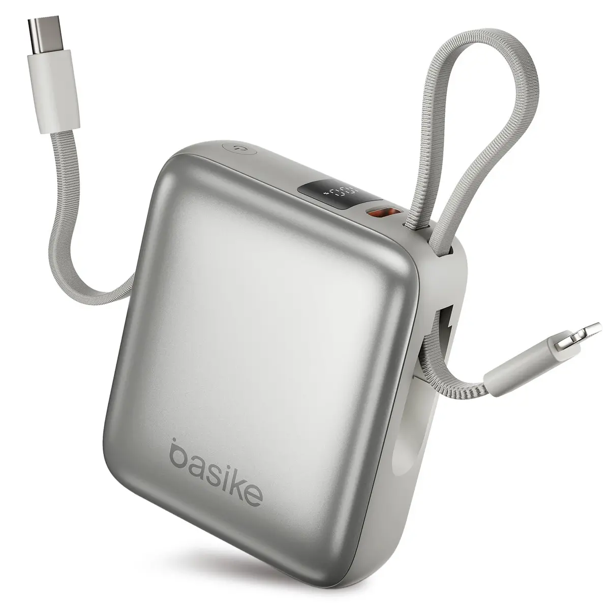 Basike Carregador Portátil 10000mAh, Mini Power Bank(Prata) | Cabos Integrados, Carregamento Rápido 22.5W(MAX), Pequeno, Led Indicador de Bateria para iPhone/Samsung/Huawei/Xiaomi, etc